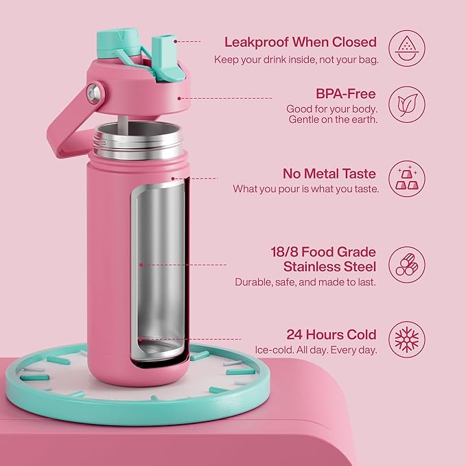 Insulated Water Bottle with Straw Stainless Steel Water Bottle, Leak-Proof, BPA-Free, Double Wall Vacuum Keeps Cold for 24 Hours for Sports, Travel, School (18 oz, Tulip)-Ruum Studio Home