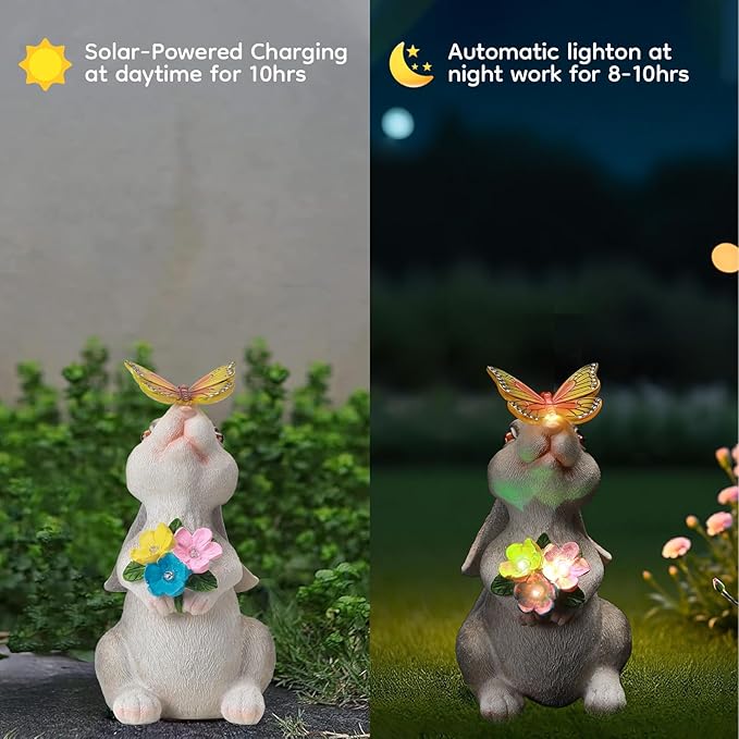 Solar Bunny Statues Light for Garden - Color-Changing Rainbow LED Butterfly,Rabbit Figurine Decor Auto On/Off,Easter Gifts for Yard Balcony & Patio Ornaments (Colorful Light)-Ruum Studio Home
