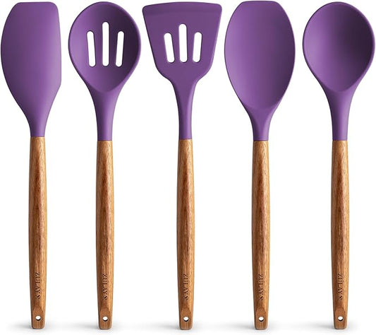 Zulay Kitchen Non-Stick Cooking Utensils Set with Authentic Acacia Wood Handles – 5-Piece Durable & Stylish Silicone Kitchen Utensils Set – Heat Resistant to 464°F – Purple-Ruum Studio Home