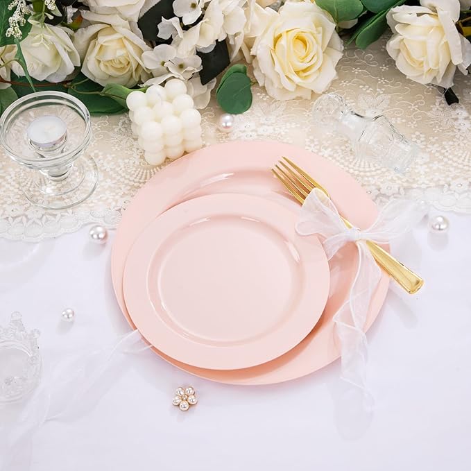 FLOWERCAT 60PCS Pink Plastic Plates - Heavy Duty Pink Plates Disposable for Party/Mother's Day/Wedding - serving 30 guests Include 30PCS 10.25inch & 30PCS 7.5inch-Ruum Studio Home