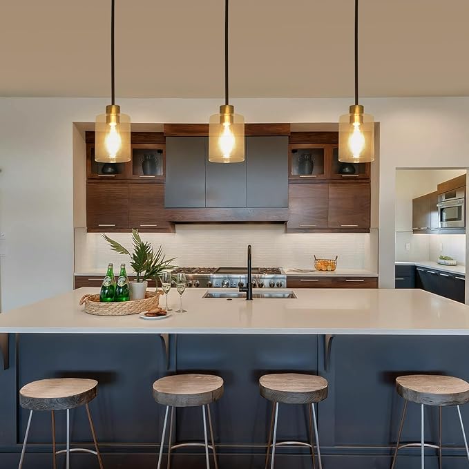 Black Brass Pendant Lights Kitchen Island - Clear Glass Pendant Light Fixture Multiple Stems Rods 3 Units 12 Inch 3 Units 4 Inch (2 Pack Black Brass Downrod)-Ruum Studio Home