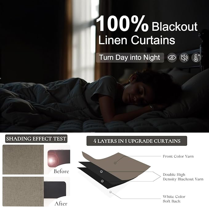 Light Brown Linen Blackout Curtains 96 Inches Long Back Tab Pocket Neutral Earthy Thermal Black Out Curtains for Living Room Sliding Glass Door Burg Floor to Ceiling Window Drapes 2 Panels 8ft Length-Ruum Studio Home