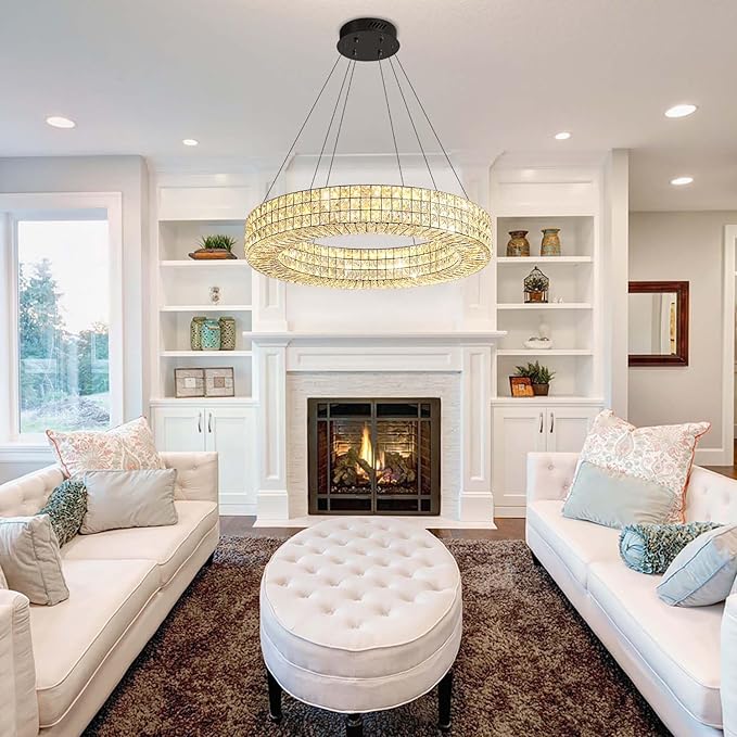 Dia 24" Modern Crystal Chandelier Black Ring Chandelier Adjustable Height Luxury Crystal Pendant Ceiling Light Fixture for Dining Living Room Bedroom-Ruum Studio Home