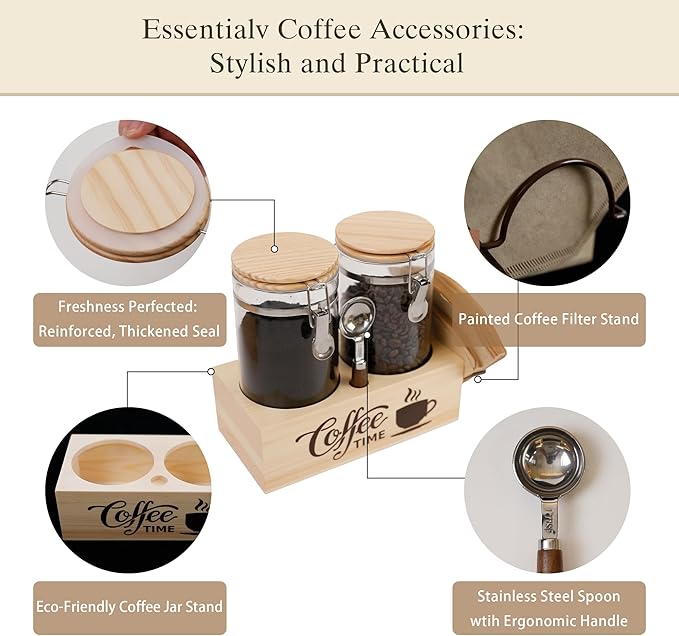Glass Coffee Canister Set with Shelf & Spoon 2 Piece Coffee Containers for Coffee Bean Storage Airtight Seal, Coffee Bar Accessories Filter Holder for Kitchen Organization-Ruum Studio Home