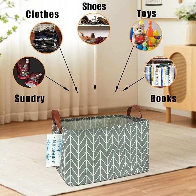 LANGYASHAN Rectangular Storage Bin Collapse Canvas Fabric Cartoon Storage Basket with Handles for Organizing Home Kitchen Boys and Girls Toys Office Closet Shelf Baskets (Rec Grey Point)-Ruum Studio Home