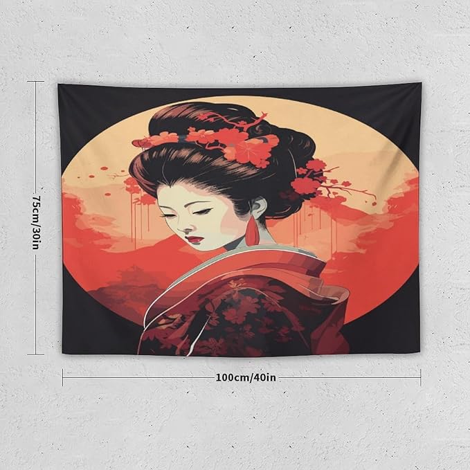 Japanese Woman Geisha Tapestry Asian Cherry Blossom Red Sun Traditional Kimono Folk Tapestries Home Decor for Living Room Bedroom Apartment Farmhouse Dorm 40"x30"-Ruum Studio Home