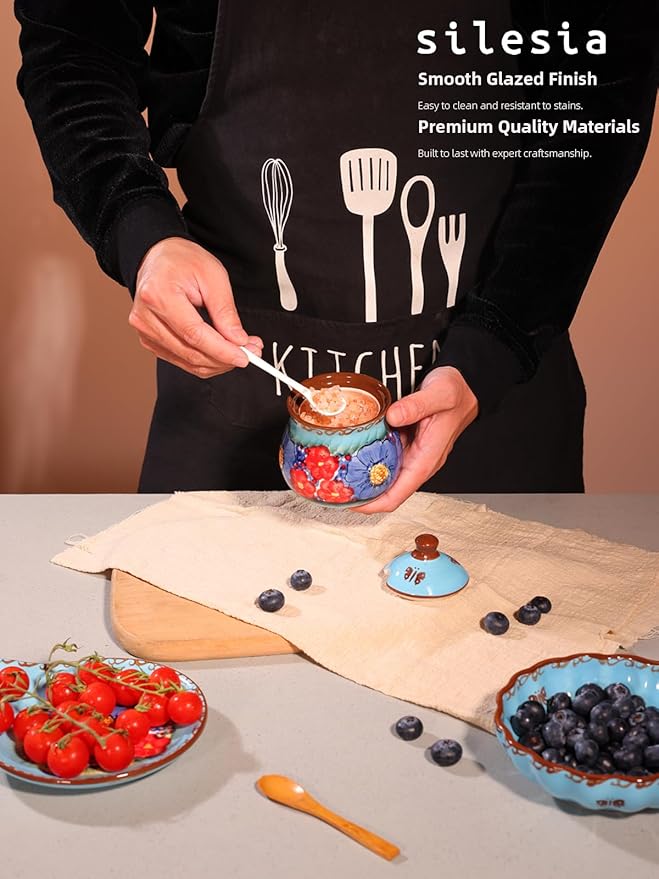 silesia Handmade Sugar Bowl with Lid and Spoon, 9 Ounce Ceramic Hand-Painted Sugar Jar for Home in Gift Box, Kitchen Decor, Oven, Dishwasher & Microwave Safe, Glazed Blue-Ruum Studio Home