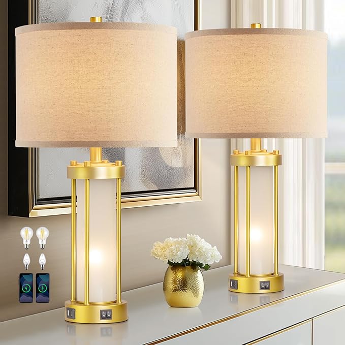 RORIA Modern Table Lamps for Living Room Set of 2, Farmhouse Bedroom Lamps for Nightstands with Dual USB Ports, Gold Bedside Lamps with White Frosted Glass Nightlight, 4 Bulbs Includes (Gold)-Ruum Studio Home