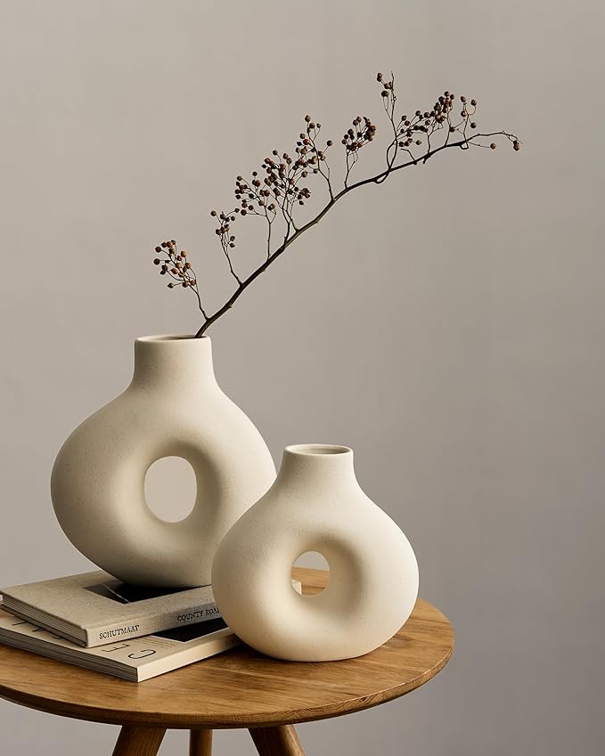 NOBULA White Ceramic Donut Vases – Modern Home Decor for Living Room, Bedroom & Table Centerpiece - Minimalist Nordic – Unique Vases for Olive Plant & Flowers – Decorative Coffee Table Vase Set of 2-Ruum Studio Home