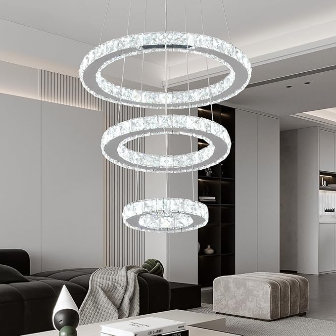Buccleuch LED Crystal Chandeliers, Dimmable LED Pendant Light Fixture 3-Ring Adjustable Stainless Steel Ceiling Light, Silver Crystal Chandeliers for Dining Room, Bedroom, Living Room - ETL Listed-Ruum Studio Home