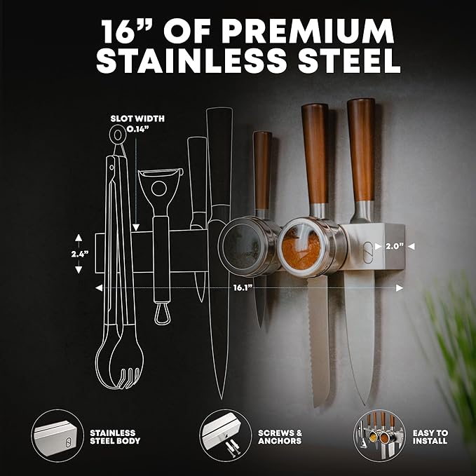16" Magnetic Knife Holder for Wall with 2x Storage - Safe, Patented Storage Design - Stainless Steel Knife Magnetic Strip, Under Cabinet Knives Storage - Magnet Strip Rack Kitchen Utensil Organizer-Ruum Studio Home
