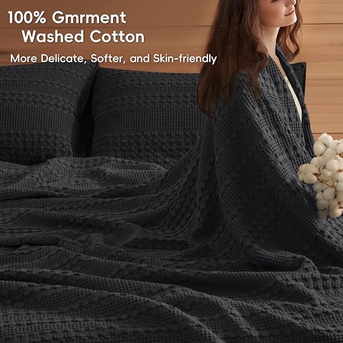 PHF 100% Cotton Waffle Weave Blanket Oversized King for Bed 120"x120"- Giant Big Lightweight Blanket 10'x10' for Bed Sofa - Aesthetic Extra Large Washed Cotton Soft Blanket - Black-Ruum Studio Home