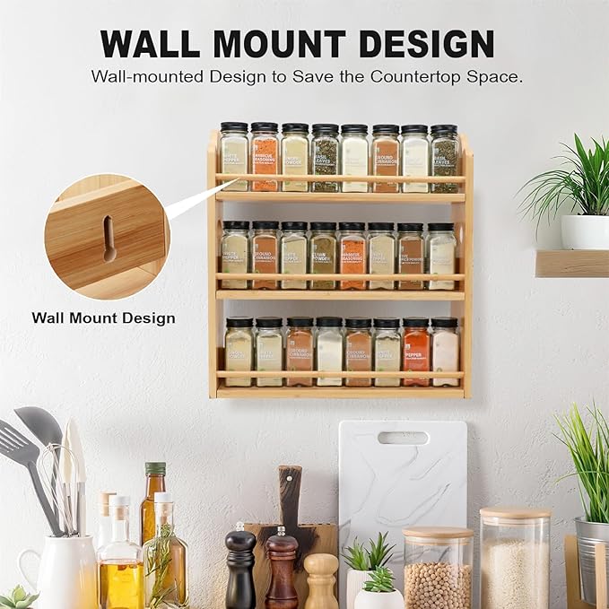 3 Tier Bamboo Spice Rack, Spice Rack Organizer, Seasoning Jars Rack Shelf Spice Organizer for Kitchen Counter or Wall Mounting, Bamboo Spice Storage Holder with handles Easy to Move-Ruum Studio Home
