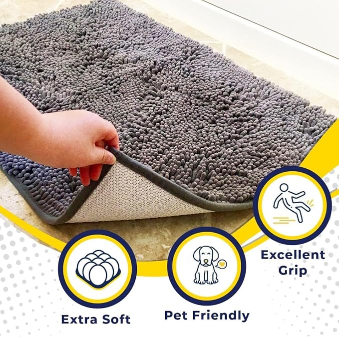 Muddy Mat® 4-Piece Grey Medium 30"X19" AS-SEEN-ON-TV Highly Absorbent Microfiber Door Mat, Bath Mat and Pet Rug, Non Slip Thick Washable, Soft Chenille for Kitchen Bathroom Bedroom Indoor and Outdoor-Ruum Studio Home