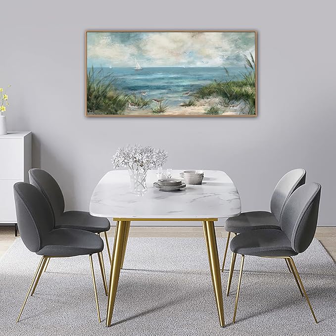 Sea Beach Vintage Seascape Canvas Prints Wall Decor Ocean Sailboat Seagull Beach Bird Reed Canvas Painting Artwork Living Room Bedroom Decoration Natural Framed-Ruum Studio Home