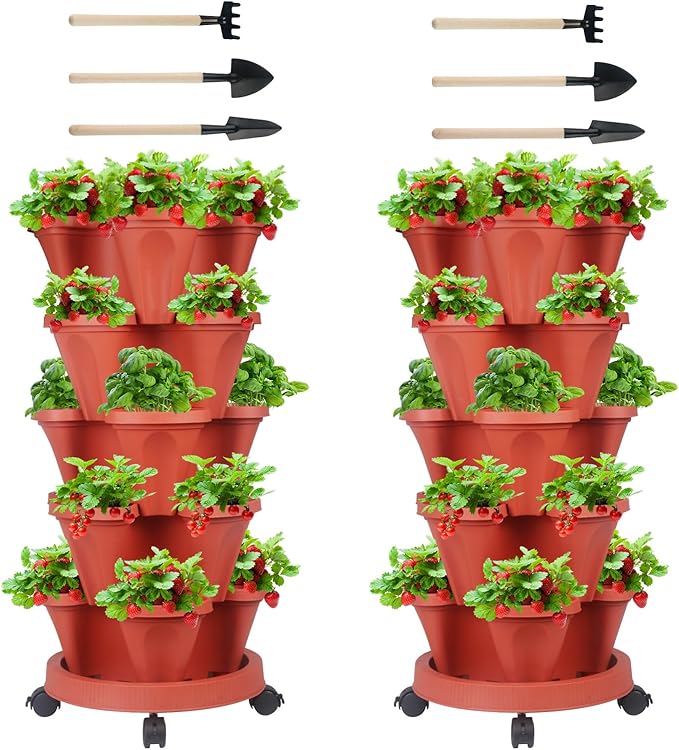 Vertical Planter 5 Tier Stackable Planters Garden Planters Strawberry Herb Flower and Vegetable Planter Indoor Outdoor Gardening Pots with Removable Wheels and Tools 2-Pack-Ruum Studio Home