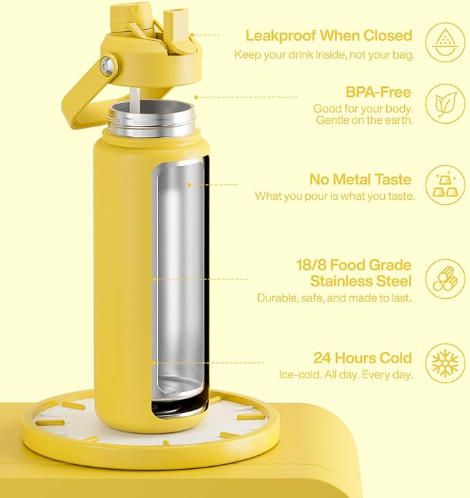 Insulated Water Bottle with Straw Stainless Steel Water Bottle, Leak-Proof, BPA-Free, Double Wall Vacuum Keeps Cold for 24 Hours for Sports, Travel, School (32 oz, Elfin Yellow)-Ruum Studio Home
