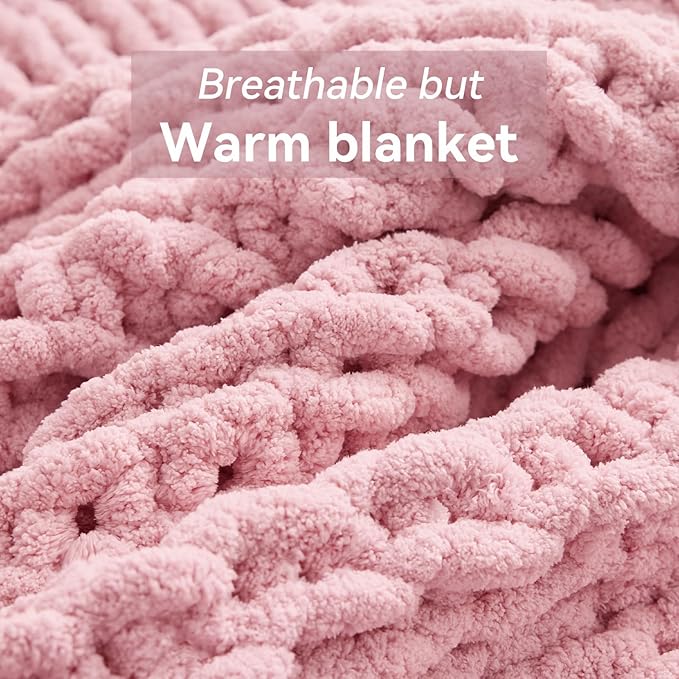 Chunky Knit Throw Blanket, 60''*80'' Knitted Throw Chenille Yarn for Bed Couch, Handmade Light Pink Crochet Big Thick Blanket, Machine Washable Cute Comfy Blanket for Home Decor-Ruum Studio Home