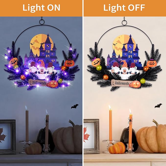 Lighted Halloween Wreaths for Front Door, Welcome Metal Wooden Door Wreath Decor Hanging Sign, 30 LED Lighted Wall Decor Battery Operated for Halloween Indoor Outdoor (Dwarf)-Ruum Studio Home