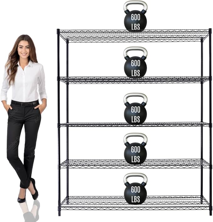 60"x24"x72" PRIME HEAVY DUTY Black 5-Tier Wire Shelving NSF 3000 LBS MAX Capacity Storage Rack for Commercial, School, Home, Garage, Warehouse, Industrial, and Hospital Uses (with Wheels)-Ruum Studio Home