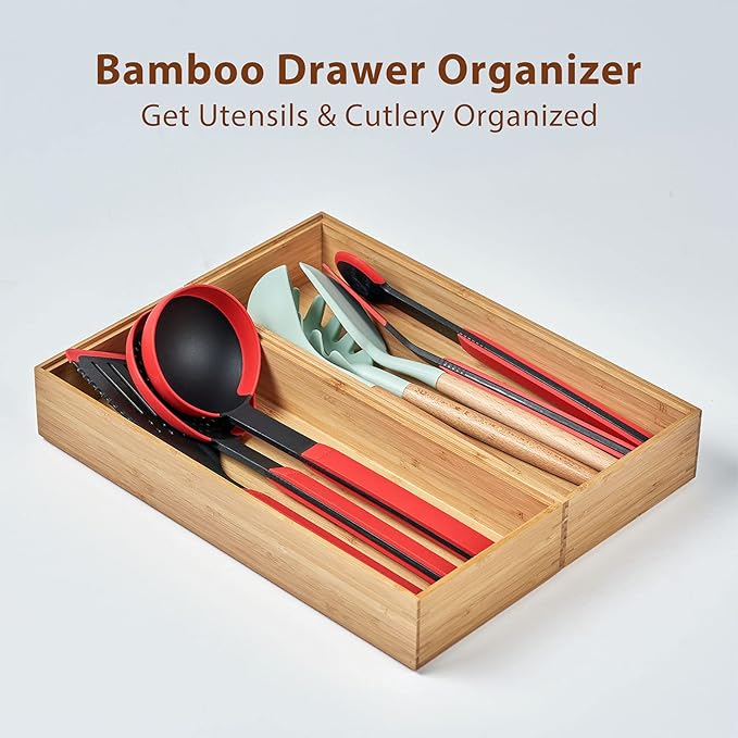 Umilife Bamboo Kitchen Drawer Organizer Boxes with Anti-Skid Silicone Feet, 2pcs Stackable Storage Bins for Kitchen Utensils & Silverware & Desk Drawer & Makeup, Tools Holder, 15”L x 6”W x 2.5”D Each-Ruum Studio Home