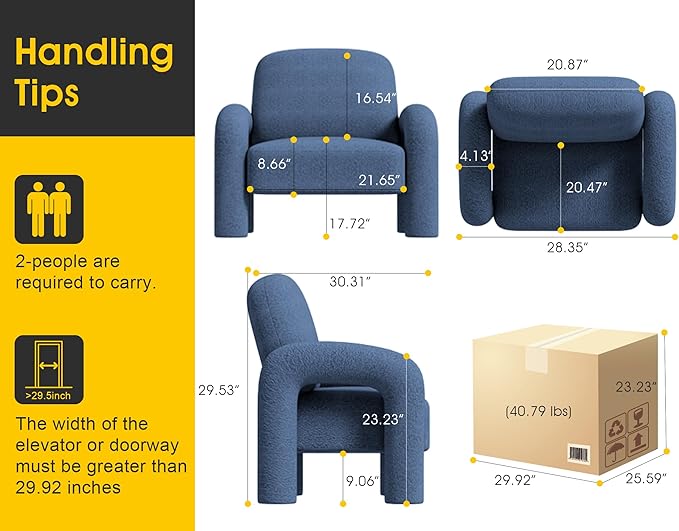 Modern Sherpa Accent Chair, Teddy Upholstered Arm Single Sofa, Cozy Fluffy Reading Chair for Living Room, Bedrooms, Corner (Navy Blue)-Ruum Studio Home
