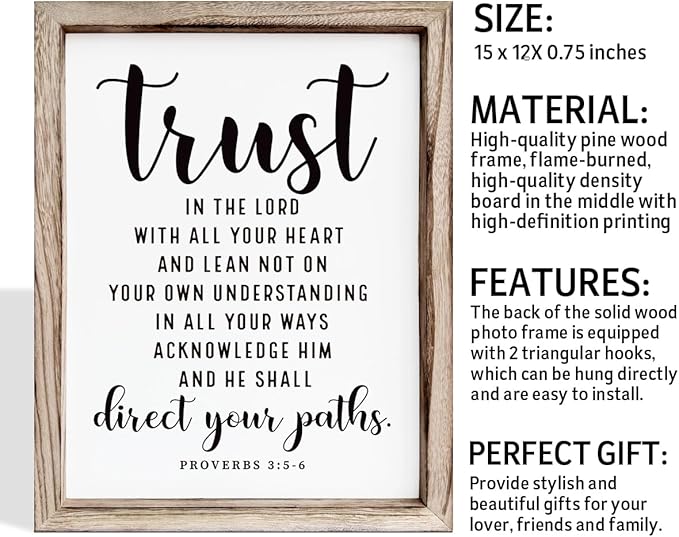 Christian Wall Signs, Rustic Home Decor, Church Room Decoration, Proverbs 3:5-6 Sign, Framed Wall Plaque Sign 15 * 11.5 inches, Trust in the Lord with All Thine Heart-Ruum Studio Home