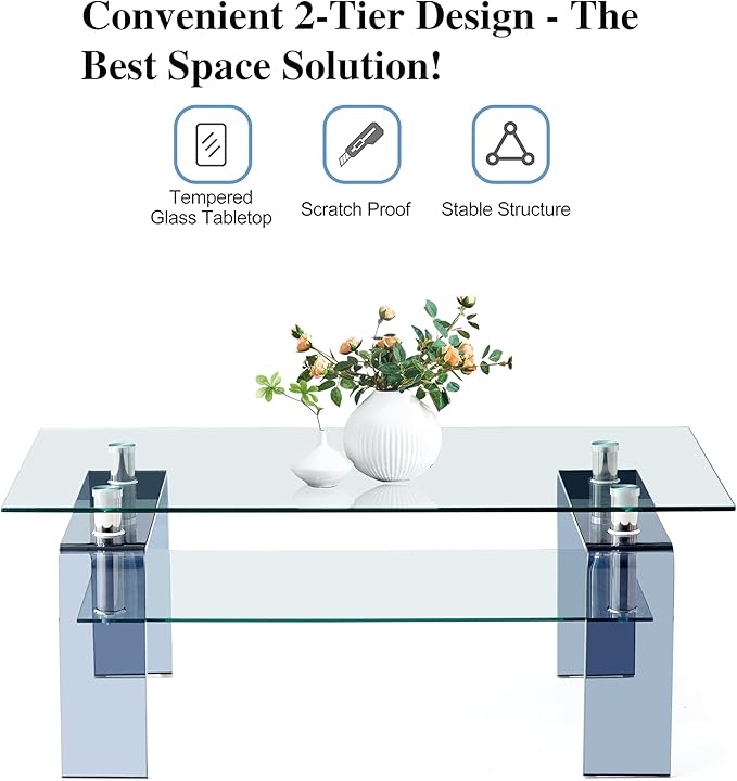 Glass Coffee Table Rectangle Living Room Center Table with Storage, Clear Tempered Glass Tabletop and Smoke Grey Leg,for Living Room and Office (Clear+Smoke)-Ruum Studio Home