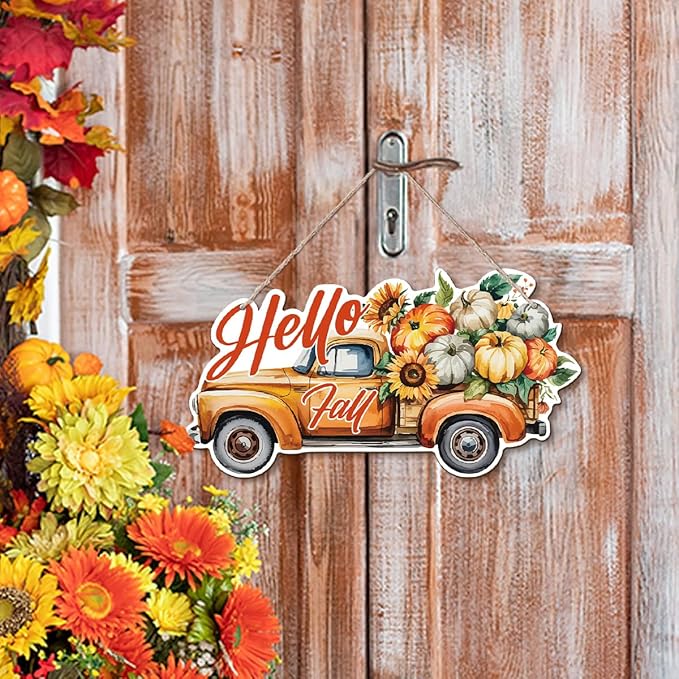 Hello Fall Wood Hanging Truck Decoration, Autumn Wooden Signs, Rustic Thanksgiving Decoration, Home Interior And Exterior Decor, Autumn Harvest Thanksgiving Home Decor-Ruum Studio Home