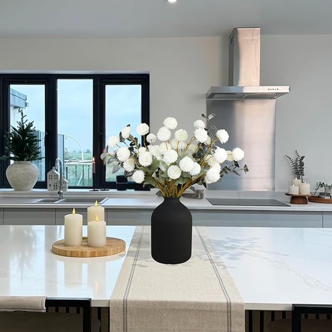 White Faux Flowers for Vase - Kiku 10 Stems & Eucalyptus, Fake Flowers Stems for Pottery Vase, Realistic Artificial Flowers, Pom Pom Balls for Aesthetic Room Decor, Floral Arrangements Centerpiece-Ruum Studio Home