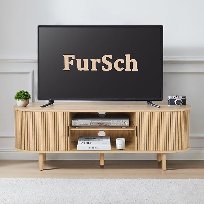 54" Tambour Door TV Stand,Wood Mid Century Modern TV Cabinet for Up to 65“ TV,Curved Edge Long TV Stand with Storage for Bedroom Living Room(Natural, 54inch)-Ruum Studio Home