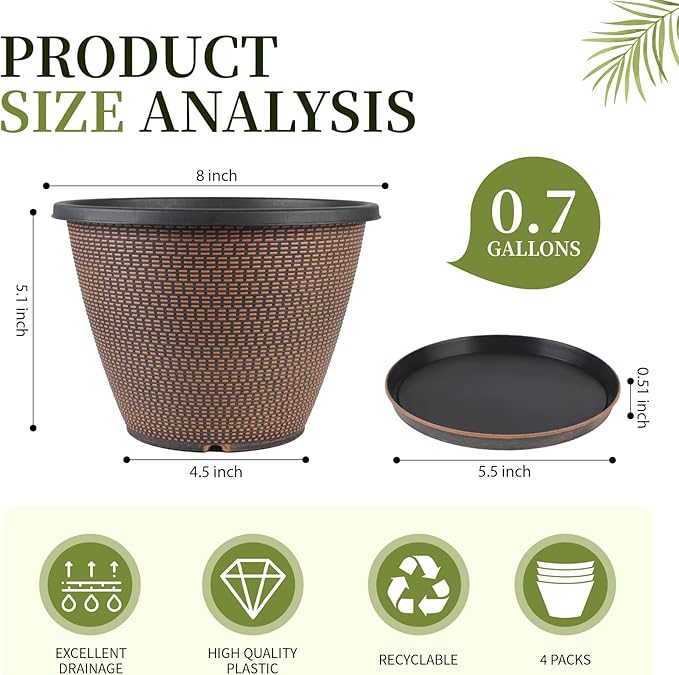 4 Pack 8 inch Plant Pot, Plastic Pots for Plants Indoor, Round Planters for Outdoor Plants with Drainage Holes & Trays, Decorative Flower Pots Garden Containers Sets for Houseplants (Black Copper)-Ruum Studio Home