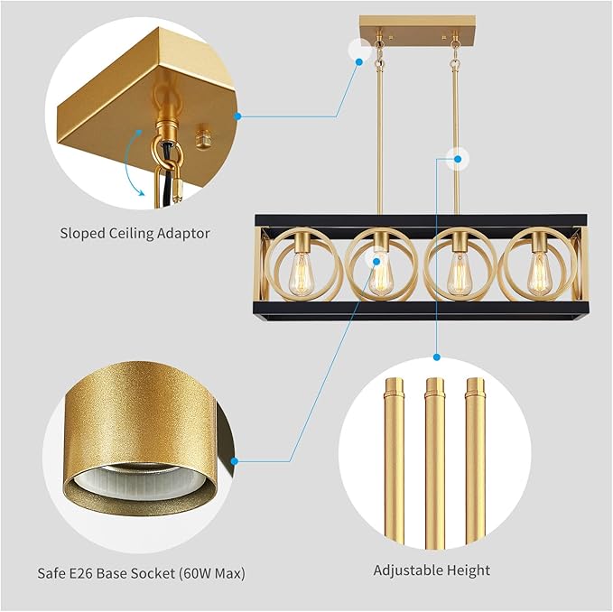 XINGQI Modern Rectangle Chandelier, Farmhouse Kitchen Island Lighting Rustic Industrial Hanging Light Fixture 4-Light Metal Linear Pendant for Dining Room Living Room Hallway, Black and Gold-Ruum Studio Home