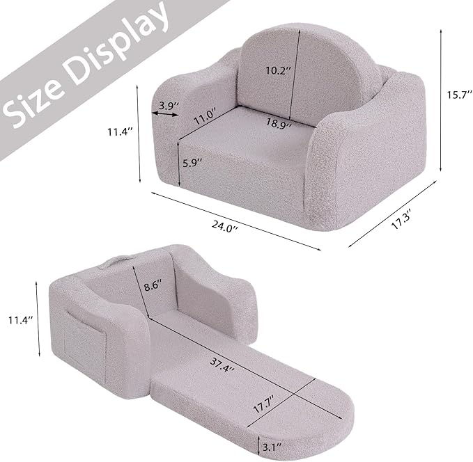 Welnow 2-in-1 Kids Sofa Chair, Convertible Toddler Chair Flip Out Children Sofa Chair with Wave Armrests Folding Kids Play Sofa with Side Pockets & Removable Cover Armchair for Girl or Boy-Ruum Studio Home