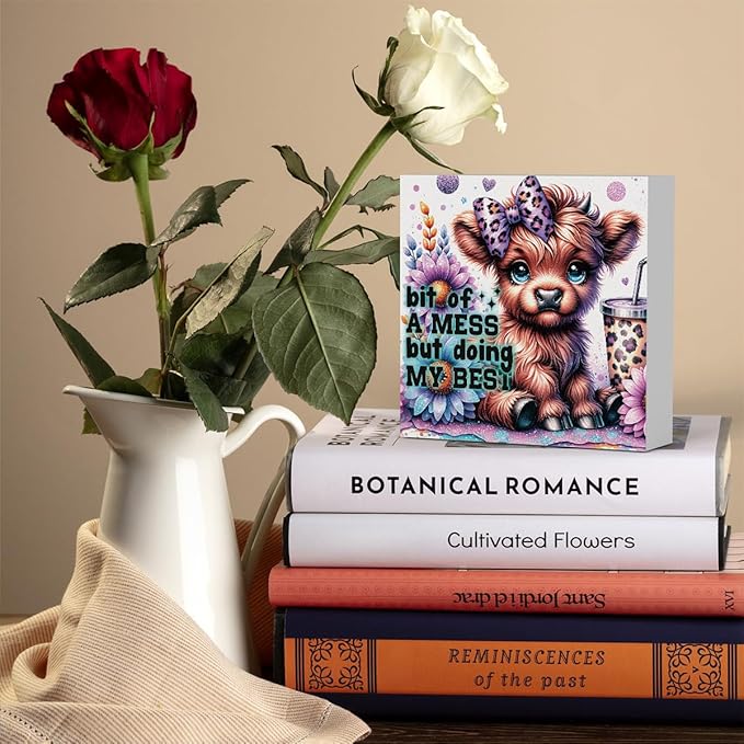 Highland Cow Baby Decor, Highland Cow Sunflower Decor, Highland Cow Gifts for women, Highland Cow Nursery Decor, Wooden Box Decor Sign for Home Farmhouse Office Living Room Table Shelf Tiered-Ruum Studio Home