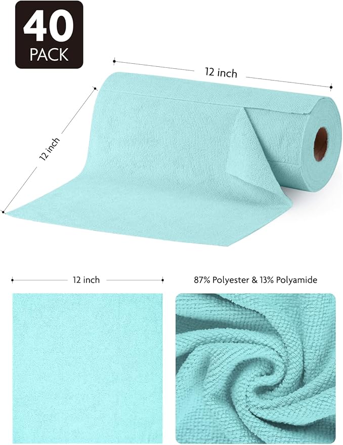 Fantasticlean Microfiber Cleaning Cloth Roll -40 Pack, Tear Away Microfiber Towels, 12" x 12", Reusable, Washable, Scratch Free, Ultra Absorbent Dish Rags for Car, Home, Garage or Shop (Blue)-Ruum Studio Home