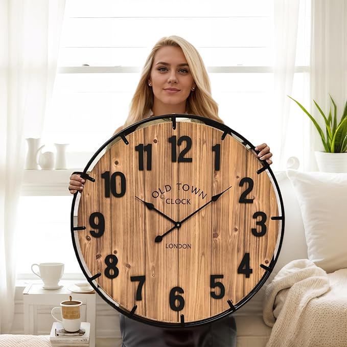 Large Old Town Farmhouse Wall Clock 30 Inches Rustic Antique Wood with Metal Circle and Large Numerals Silent Battery Operated Wall Clock for Office Kitchen Bedroom Living Room-Ruum Studio Home