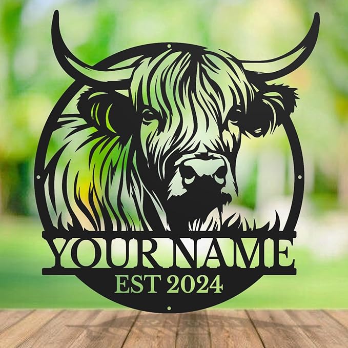 Personalized Highland Cow Name metal Signs,Custom Highland Cow Metal Shed Wall Decor,Black Metal Wall Art Plaques Outdoor wall Decorative Signage (Style F)-Ruum Studio Home