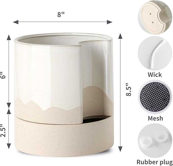 Nihow Self Watering Plant Pot: 8 Inch Ceramic Planter with Drainage Hole & Water Storage Plus for Indoor & Outdoor Plants - Cylinder Round Flower Pot for Succulent/Herbs/Violets - White & Wave Nature-Ruum Studio Home