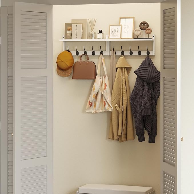 AMBIRD 34.2" L Wooden Wall Coat Hooks with Shelf - Versatile and Decorative Wall-Mounted Storage - 10 Hooks for Hanging Coats, Hats, Keys, Bags, Scarves - Ideal for Entryways, Bedrooms, Closets(White)-Ruum Studio Home
