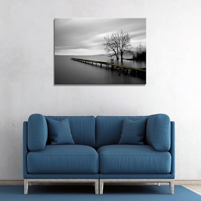 DZL Art S74981 Canvas Prints Modern Minimalist Black and White Lake Trees Landscape Wall Art Painting for Living Room Bedroom Decor Office Wall Decor Home Decoration-Ruum Studio Home
