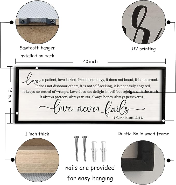 flowtorely Love is Patient, Kind Wall Art Decor 40"X15" Love Never Fails Sign 1 Corinthians 13 Bedroom Above Bed Large Bible Verse Quote Scripture Christianity Hanging Sign (Black)-Ruum Studio Home