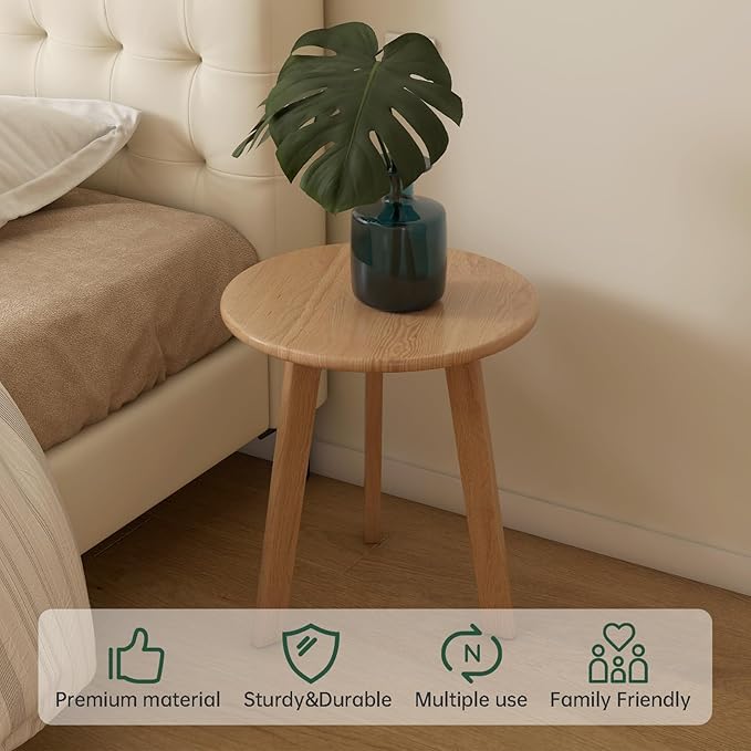100% Solid Oak Round Side Table, Small Bedside Table for Small Spaces, Living Room End Table with Stable Frame for Bedroom Couch, (Natural, 17.71" D x 19.68" H)-Ruum Studio Home