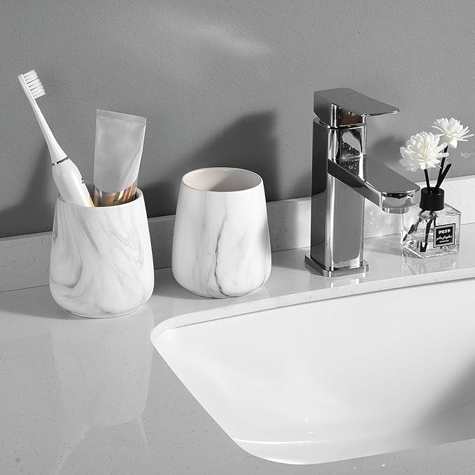 2Pcs Toothbrush Holder for Bathroom - Marble White Ceramic Tooth Brushing Holders Set, Toothbrush Cup & Toothpaste Organizer for Bathroom Countertop, Makeup Brush Holder, Pen Holder for Home Storage-Ruum Studio Home