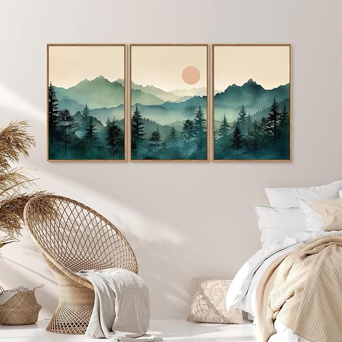 SIGNINART Large Mountain Framed Canvas Wall Art Set, Abstract Misty Forest Wall Decor, Foggy Nature Pine Tree Wall Painting, Modern Boho Sunrise Art Prints for Bedroom Living Room and Office 24"x36"x3-Ruum Studio Home