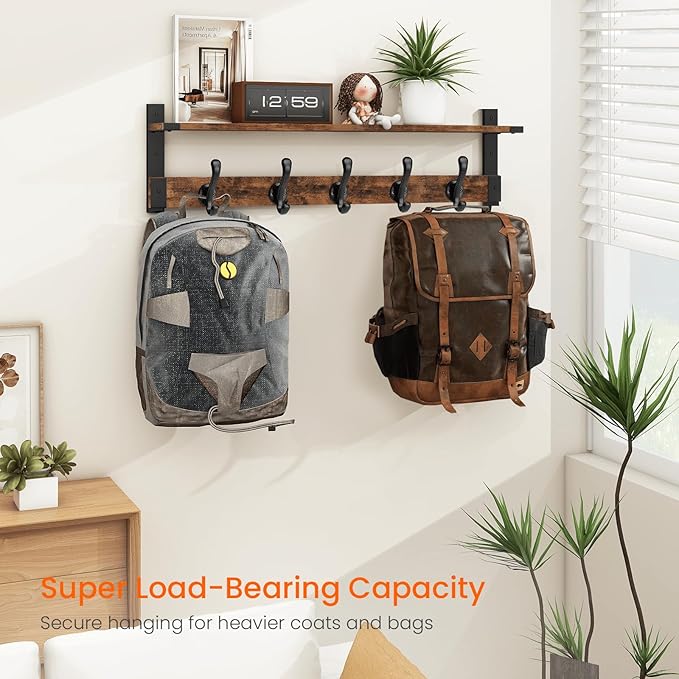 Homode Coat Rack Wall Mount, 29 Inch Long Shelf with Hooks, Wood Entryway Shelf with 5 Hangers for Hanging Hat Jacket Backpack Purse, Rustic Brown Black-Ruum Studio Home