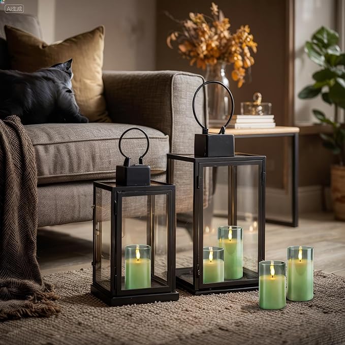 Homemory Green Glass Flameless Candles, Battery Operated LED Pillar Candles with Remote Control and Timer, Radiance Candles, Real Wax, Set of 3,D3 xH4 5" 6"-Ruum Studio Home