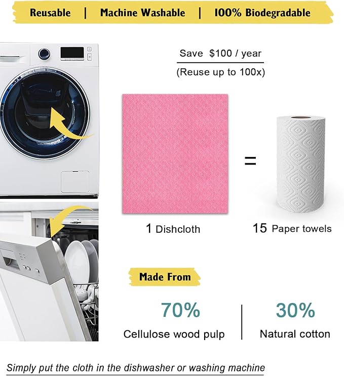 Swedish Dishcloths for Kitchen | 6 Pack Absorbent Cellulose Sponge Cloths Washable | Non-Scratch Reusable Paper Towels Quick Drying Cleaning Cloths - Pink-Ruum Studio Home