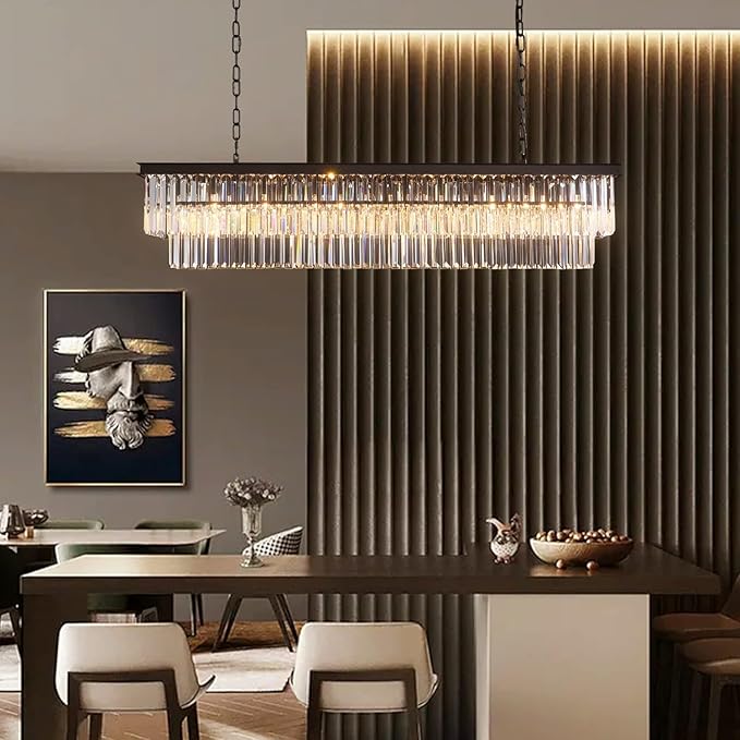 Rectangle Crystal Chandelier Black Modern Linear Chandelier Contemporary Pendant Light Fixture 8-Light Hanging Ceiling Light for Dining Room Living Room Kitchen Bedroom Foyer 47''-Ruum Studio Home