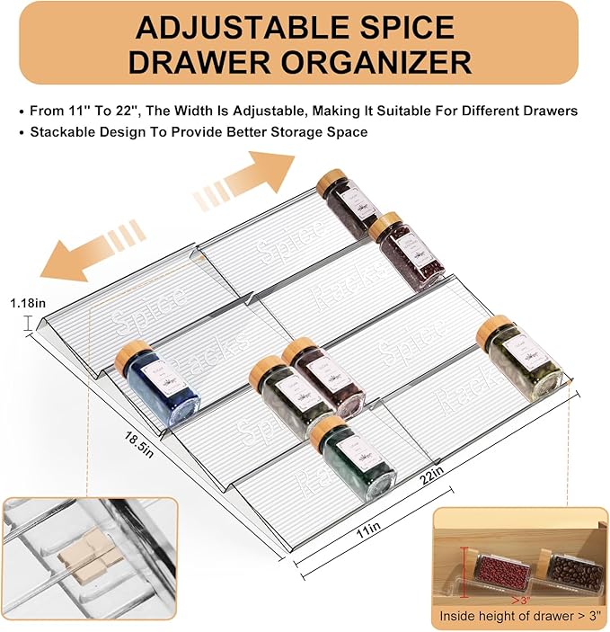 24 Spice Jars with Spice Drawer Organizer, 355 Spice Labels, 4 Pack Expandable From 11'' to 21'' Acrylic Spice Rack for Drawer, Seasoning Containers Storage Organization for Kitchen Cabinet Countertop-Ruum Studio Home